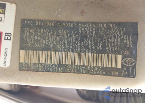 2010 Toyota Corolla Le из США, поврежденный, VIN 2T1BU4EE0AC358828